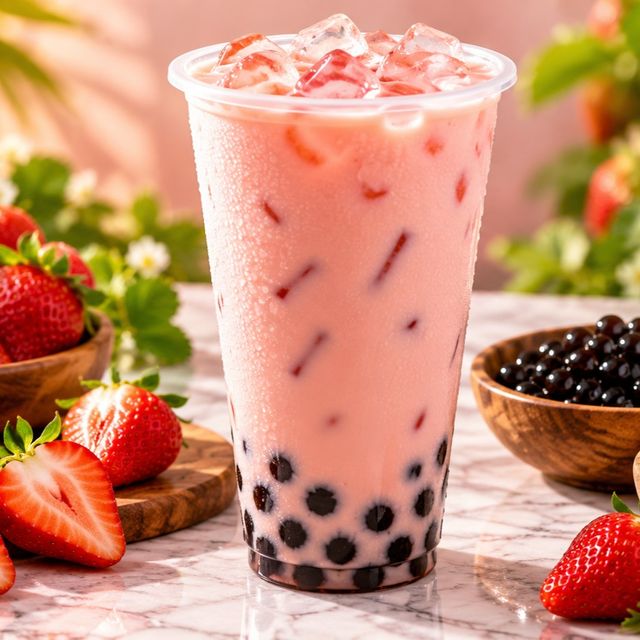 Sweet Strawberry Boba Milk Tea.